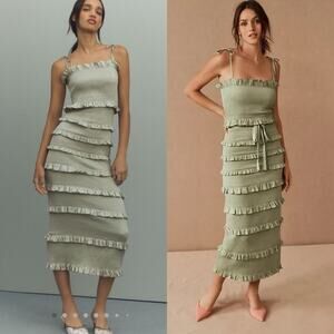 V. Chapman Lily Ruched & Ruffled Stretch Satin Midi Dress in Sage